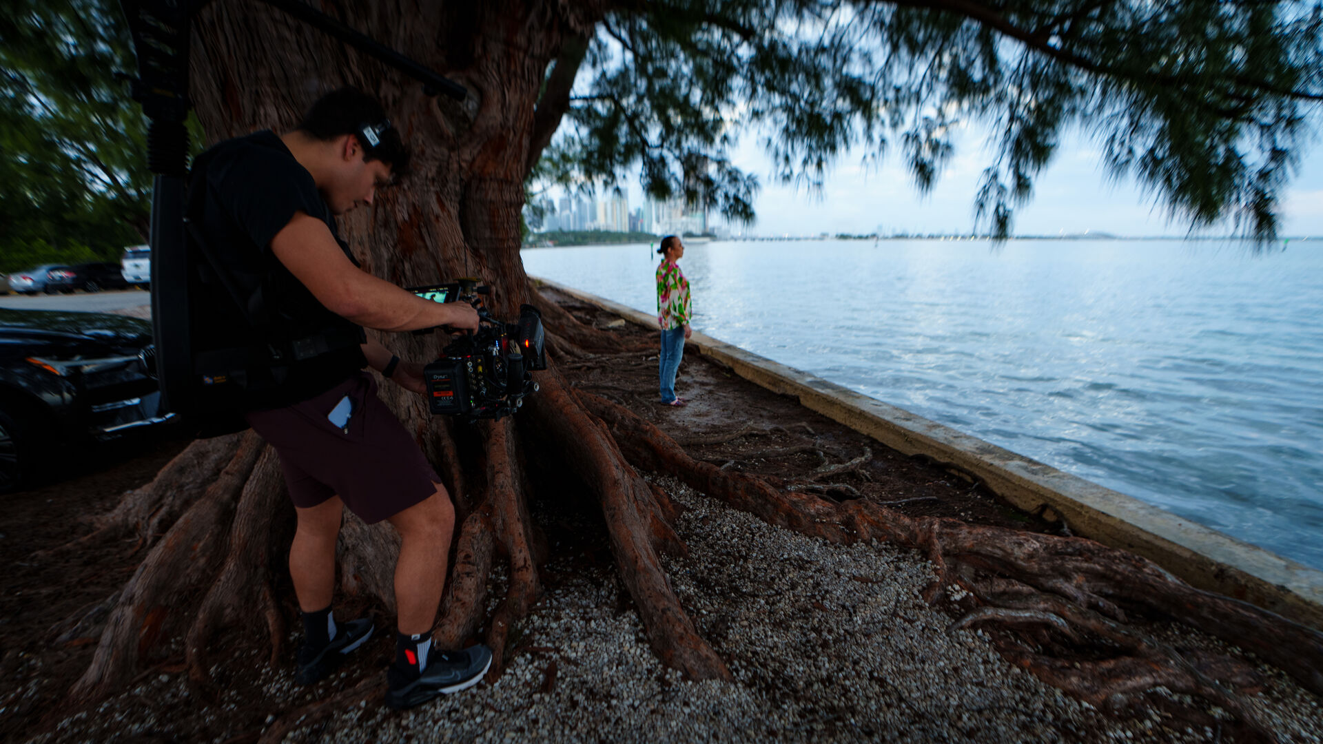 Subject walking through historic neighborhood at magic hour