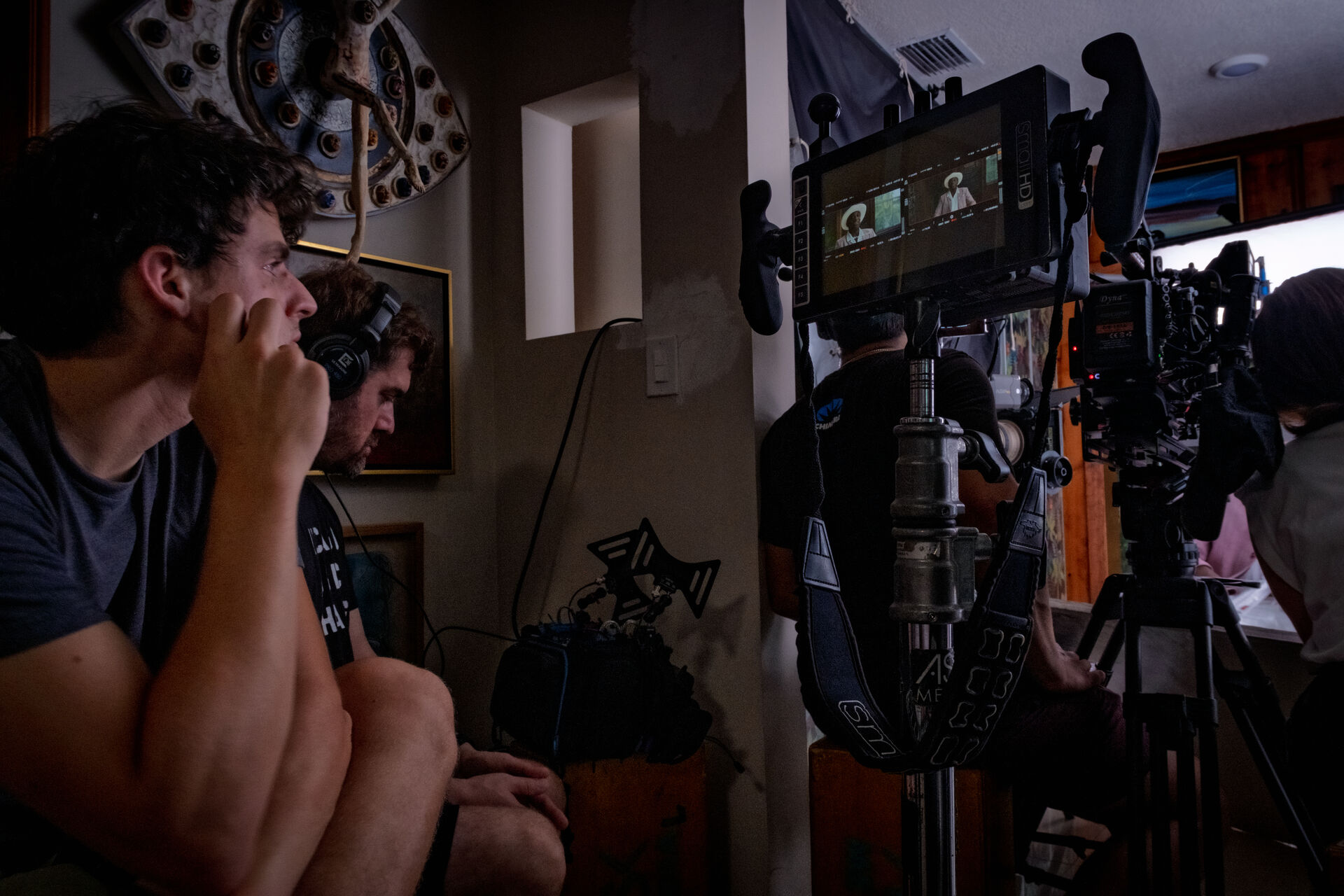 Crew watching monitor during interview